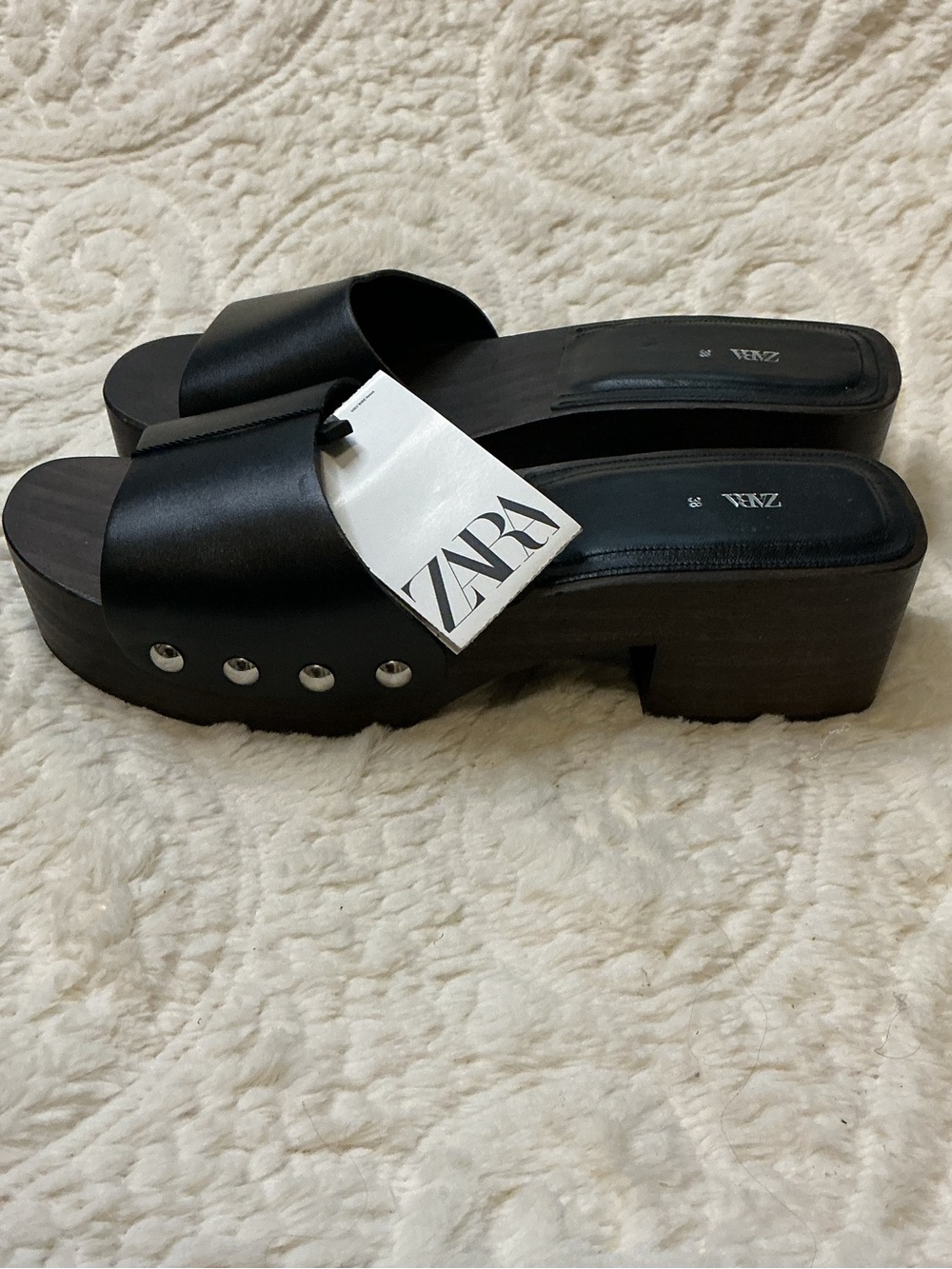 Zara Black Platform Wooden Clog Slides with Silver Rivets Sz 7.5 NWT